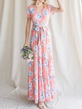 Floral Tie-Waist Maxi Dress - Coral
